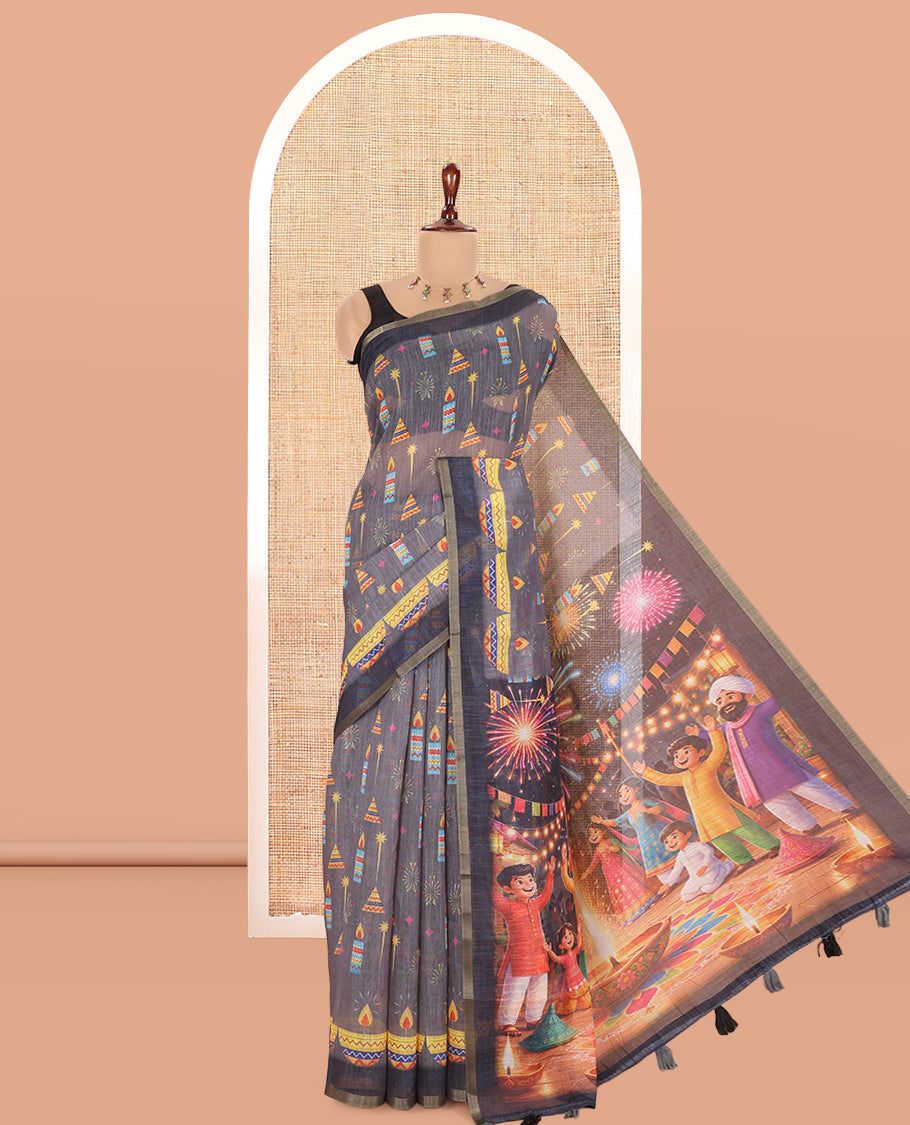 Grey Diwali-Style Printed Linen Cotton Saree