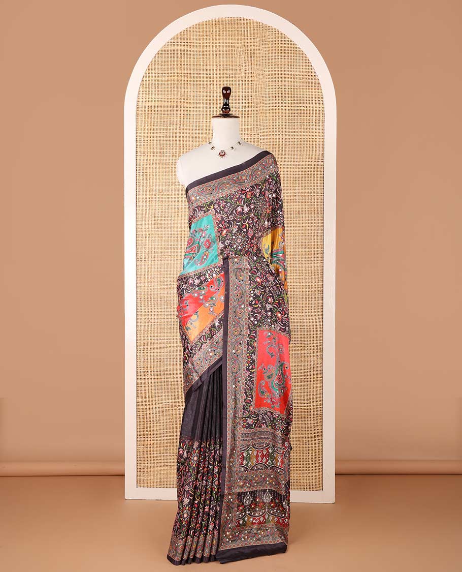 Black printed, mirror work synon silk saree with printed border, mirror work & printed pallu along with butta printed blouse
