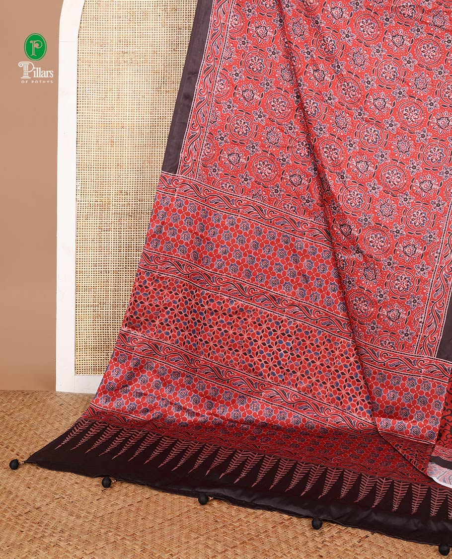 Red ajrakh printed modal satin silk saree with printed border & ajrakh printed pallu along with printed blouse