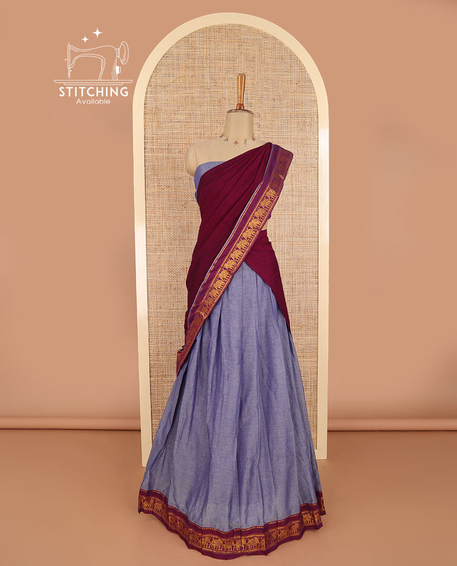 Purple with magenta mercerised cotton daman zari border half saree with zari border blouse & syska georgette 4 side piping golden zari border dhavani