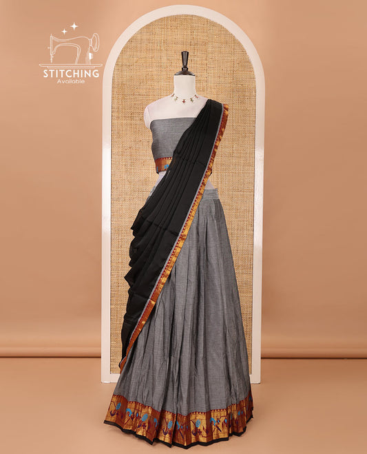 Grey mercerised cotton half-saree, plain & contrast paithani peacock border skirt, matching blouse & contrast plain zari border dhavani