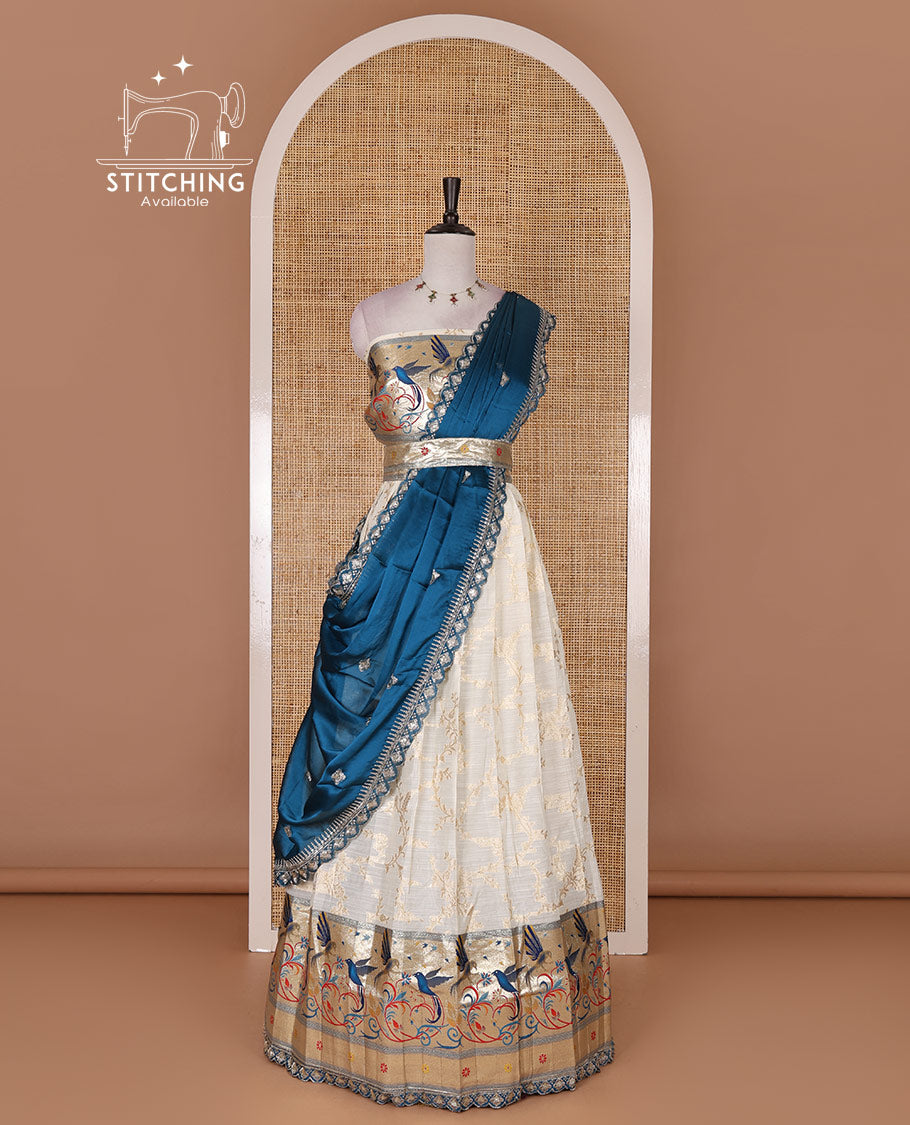 Cream banaras halfsaree, jaal jacquard skirt, contrast brown paithani border, matching blouse, and Syska georgette embroidered dhavani