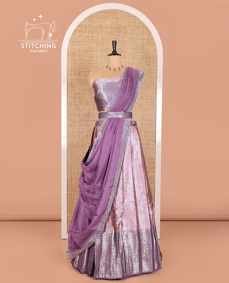 Pink Banarasi Half-Saree Featuring Jacquard Design Skirt, Complemented by Contrast-Rich Zari-Woven Intricate Border, Paired with a Matching Blouse, Contrast Velvet Organza Stone Work Dhavani, and Brocade Belt