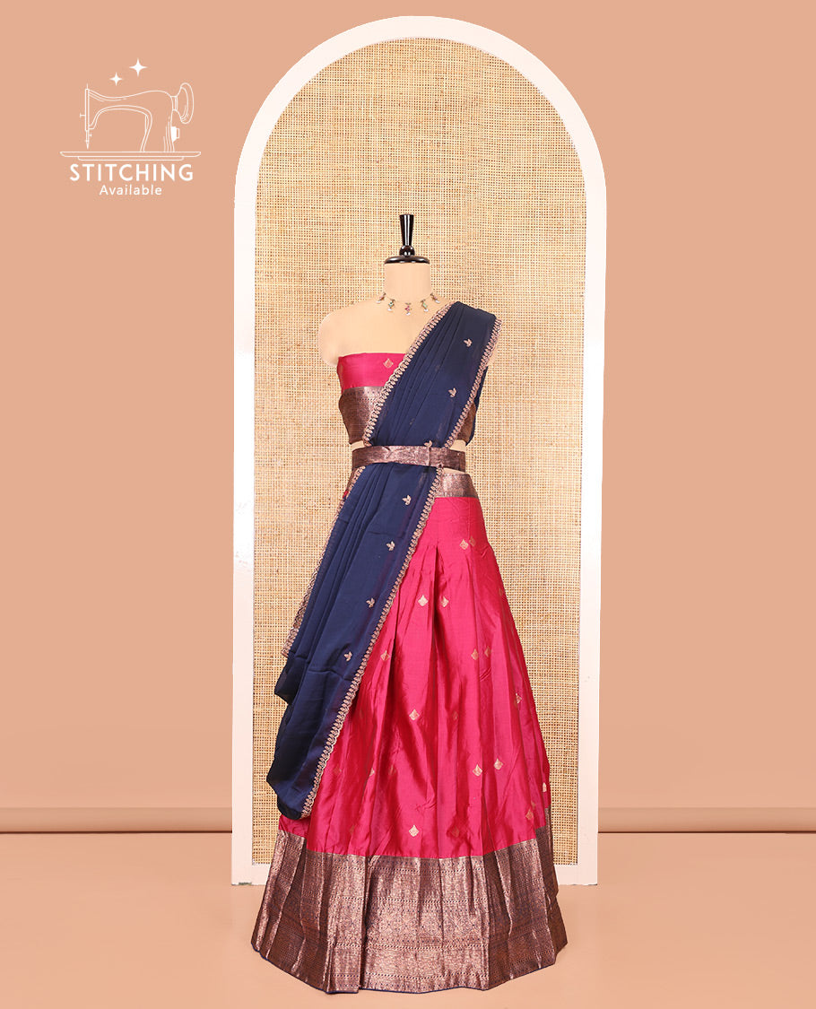 Pink and Navy Blue Semi-Banarasi Half-Saree, Decorated with Zari Buttas on Its Skirt, Complemented by a Contrast Traditional Zari Designs Woven Border, Paired with a Matching Blouse, and a Contrast Satin Georgette Embroidered Scallop Dhavani
