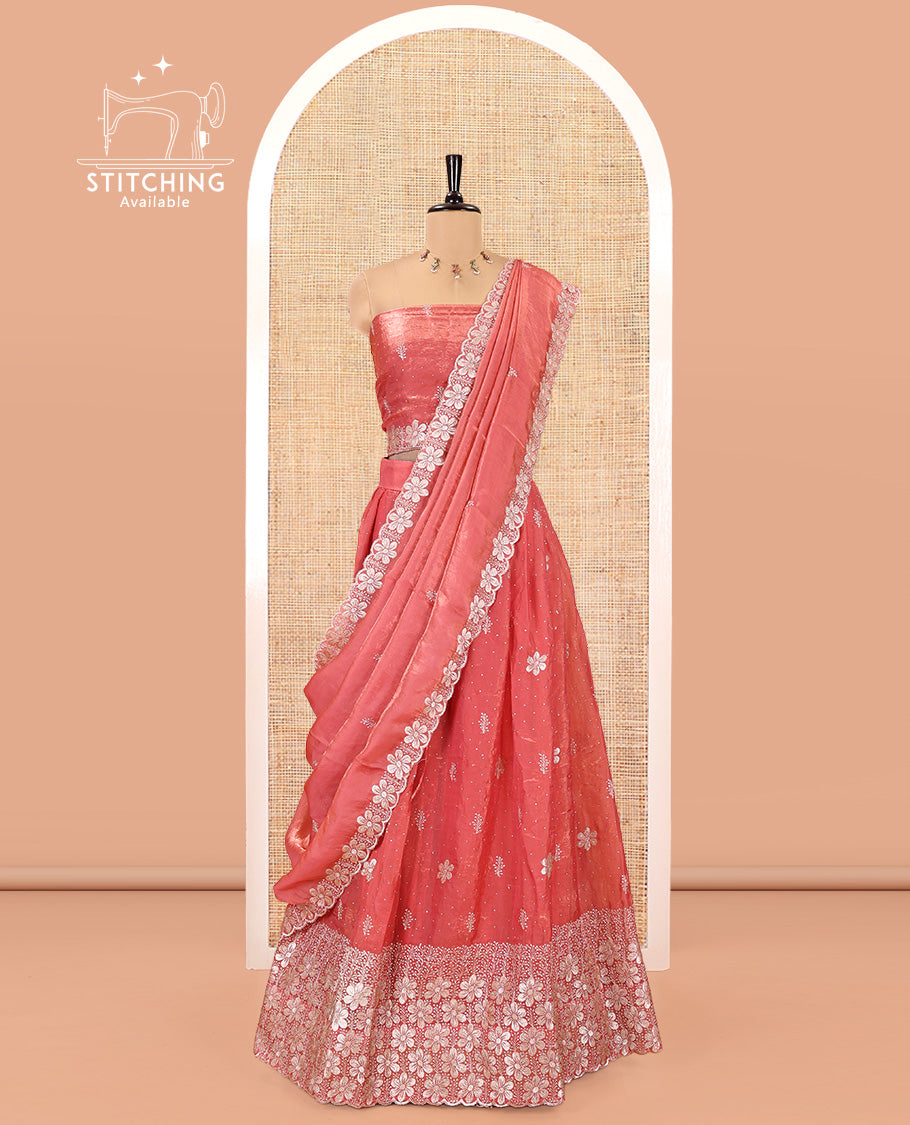Peach Fendi Organza Half-Saree Set, Features Floral Embroidered Skirt, Matching Blouse, Embroidered Dupatta
