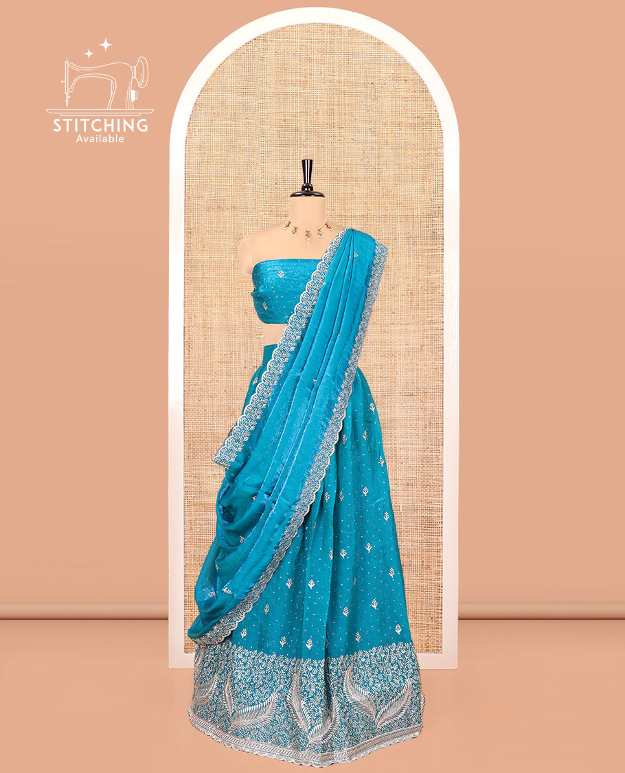 Blue Fendi Organza Half-Saree, with Embroidered Buttas on Its Skirt, Embroidered Scallop Border, Paired with a Matching Blouse, and an Embroidered Fendi Organza Scallop Dhavani