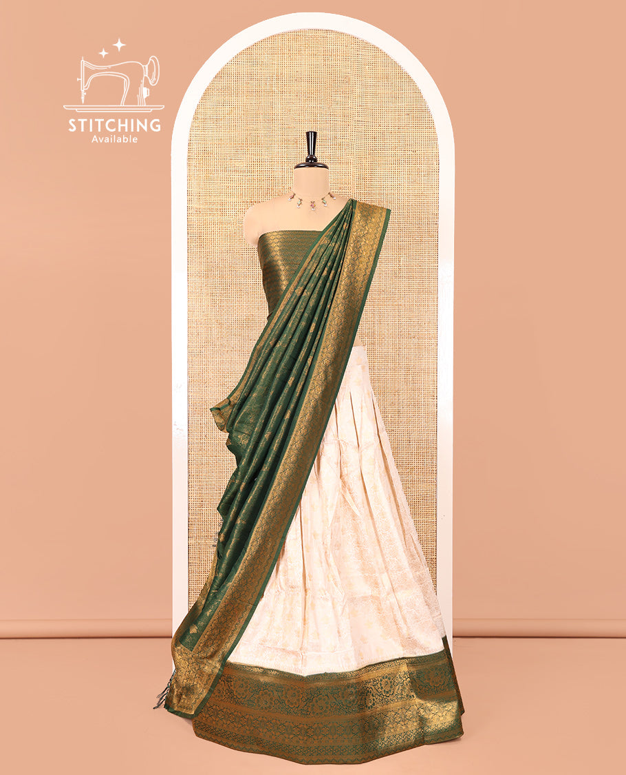 Cream-Leaf Green Banarasi Softy Half-Saree, Adorned with Jacquard, Contrast Traditional Border, Jacquard Blouse, Intricate Dhavani