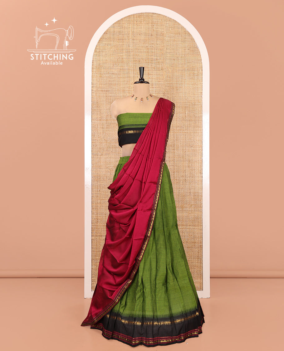 Green-Magenta Chettinad Cotton Half-Saree Featuring Plain Skirt, Contrast Temple Rettai Pettu Border, Matching Blouse, Syska Georgette Dhavani