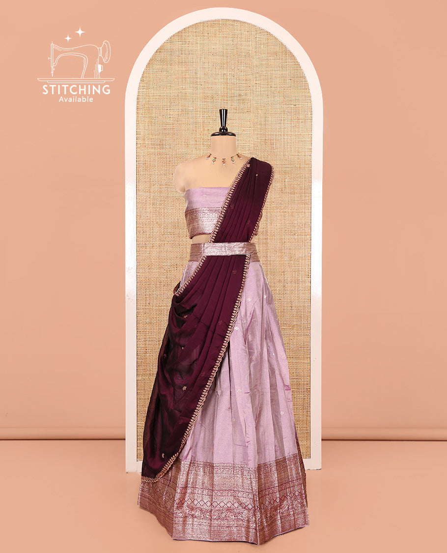 Lavender-Wine Banarasi Silk Half-Saree Featuring Buttas Skirt, Contrast Traditional Border, Matching Blouse, Syska Georgette Embroidery Dhavani