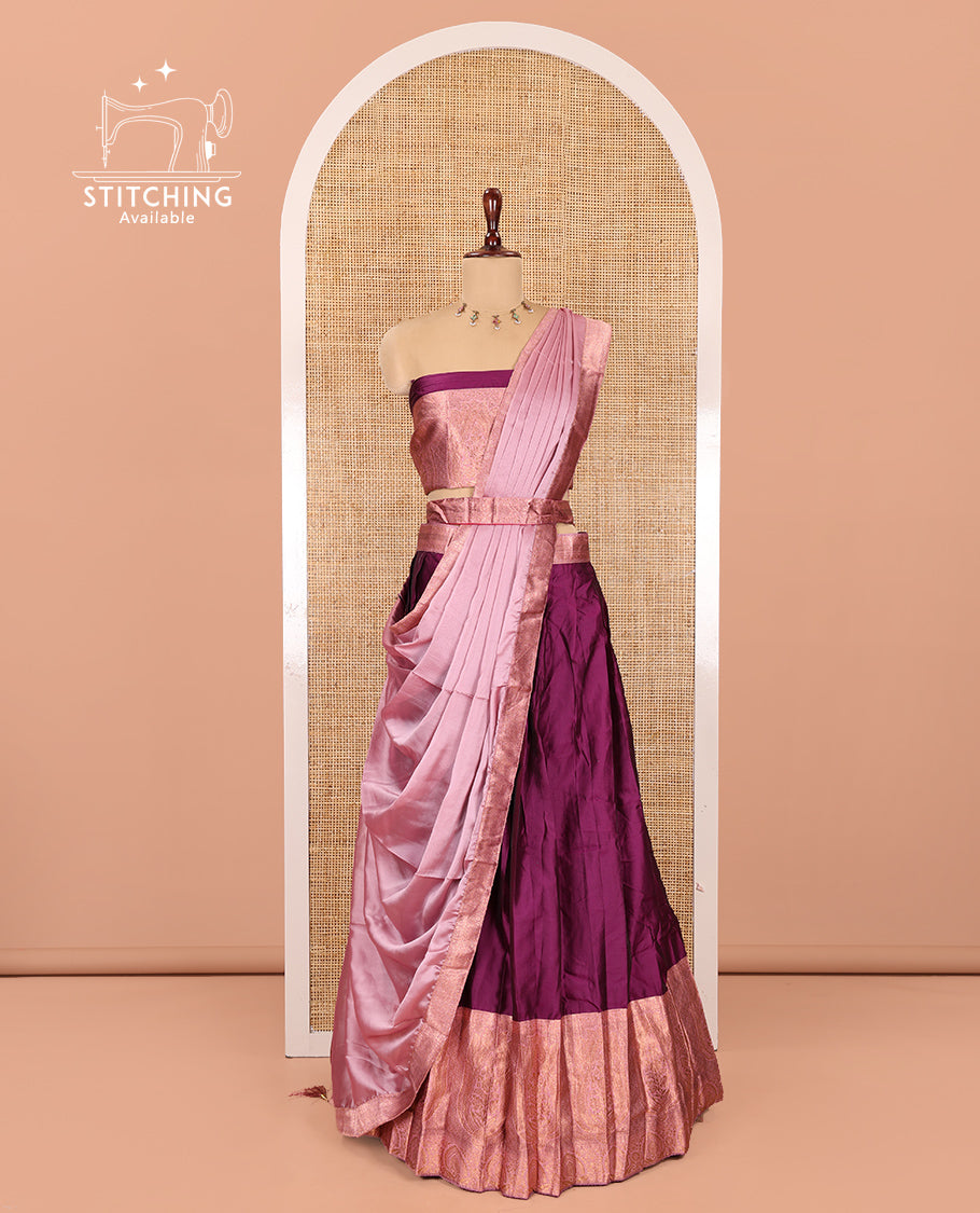 Purple Semi-Banaras Half-Saree, Plain Contrast Intricate-Bordered Skirt, Matching Blouse, Contrast Dhavani
