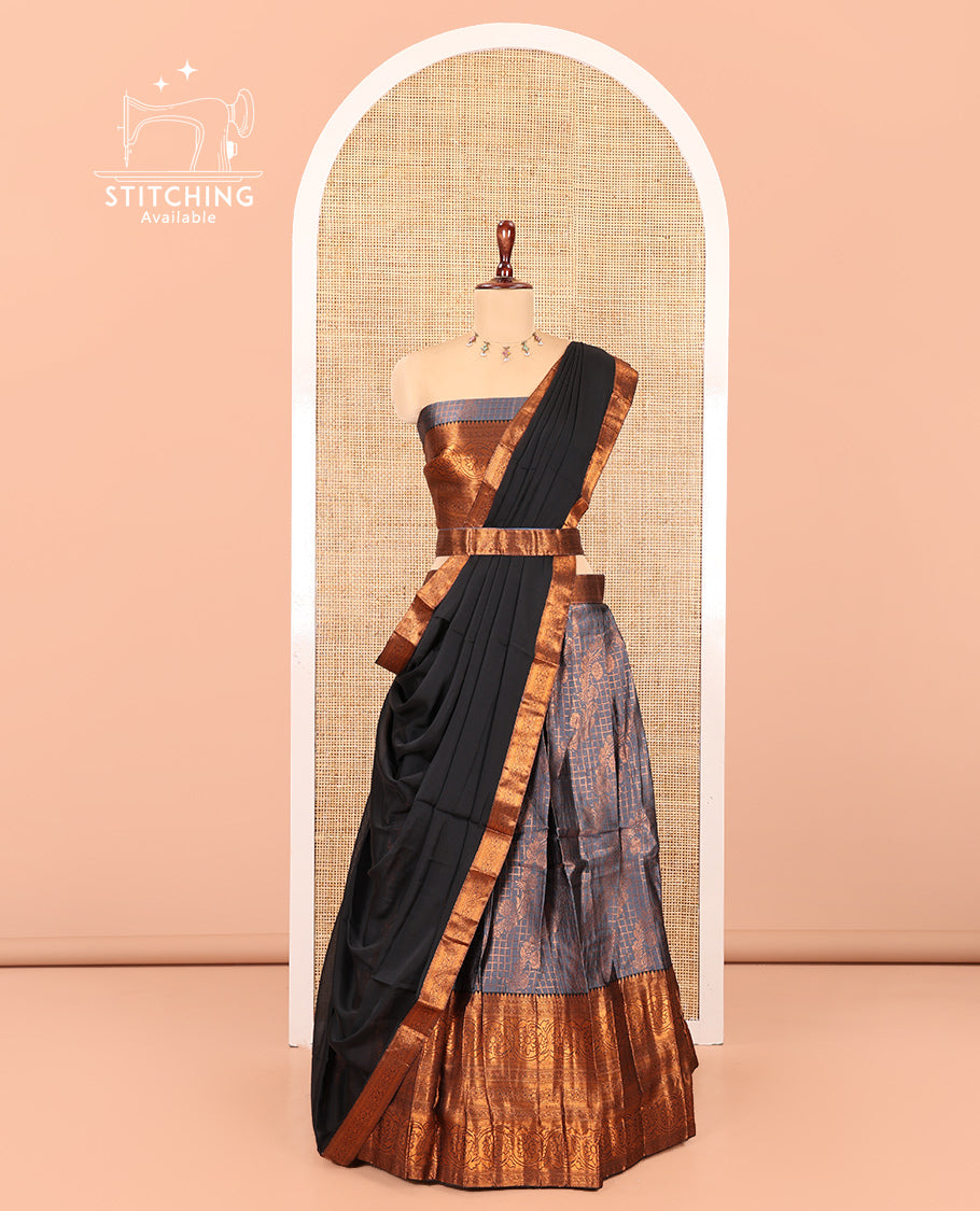 Grey-Black Semi-Banarasi Half-Saree Features Jacquard Skirt, Contrast Traditional Border, Matching Blouse, and Syska Georgette Dhavani
