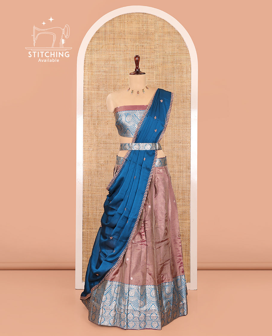 Purple-Blue Banarasi Silk Half-Saree Features Buttas Skirt, Contrast Intricate Border, Matching Blouse, and Embroidery Syska Georgette Dhavani