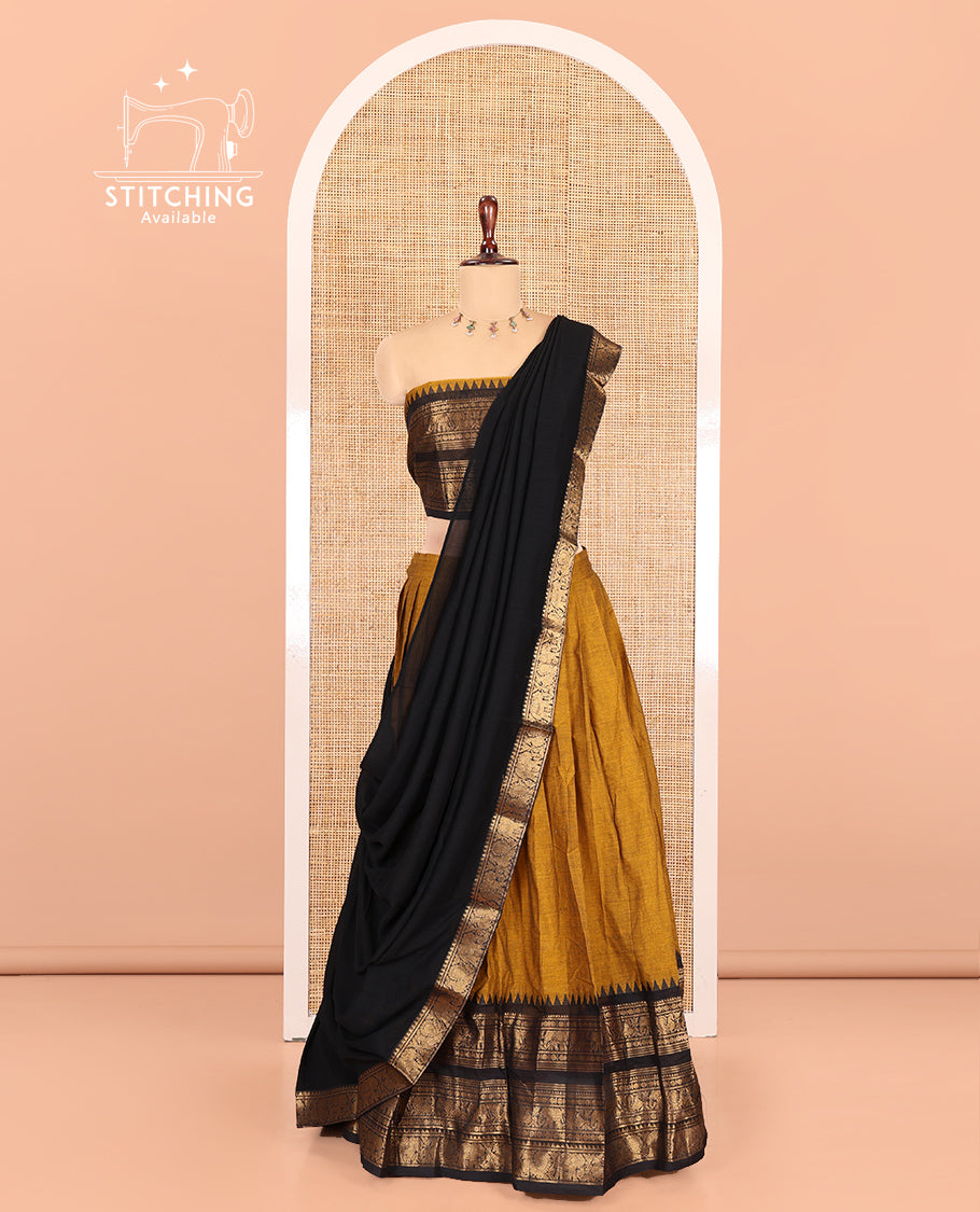 Mustard-Black Chettinad Cotton Half-Saree, Plain Contrast Traditional Temple Zari-Bordered Skirt, Matching Blouse, and a Contrast Dhavani