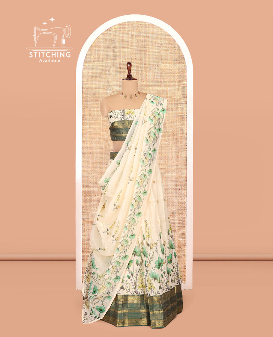 Cream-Bottle Green Semi-Silk Half-Saree Features Floral-Printed Skirt, a Contrast Traditional Border, a Matching Blouse, a Floral Dhavani