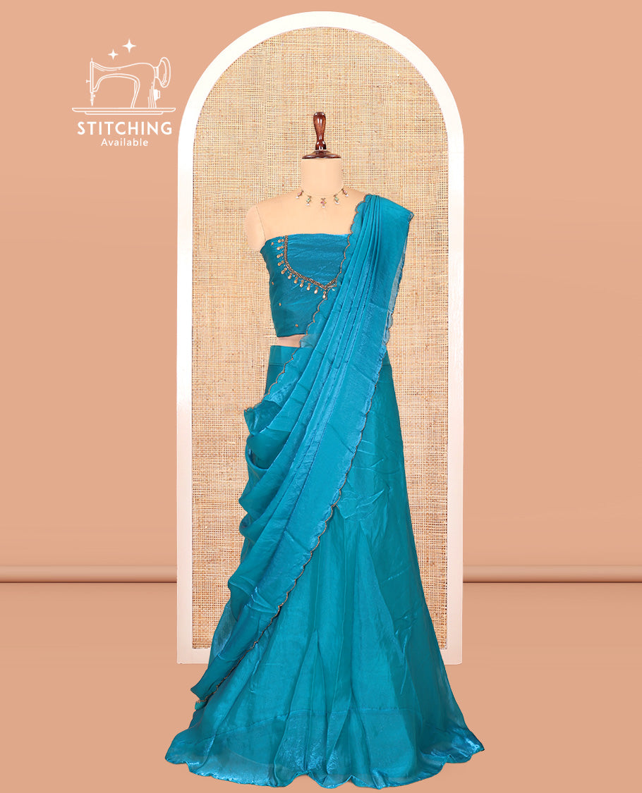 Rama Blue Fendi Organza Half-Saree, Plain Skirt, Matching Embroidered Blouse, Matching Scallop Dhavani