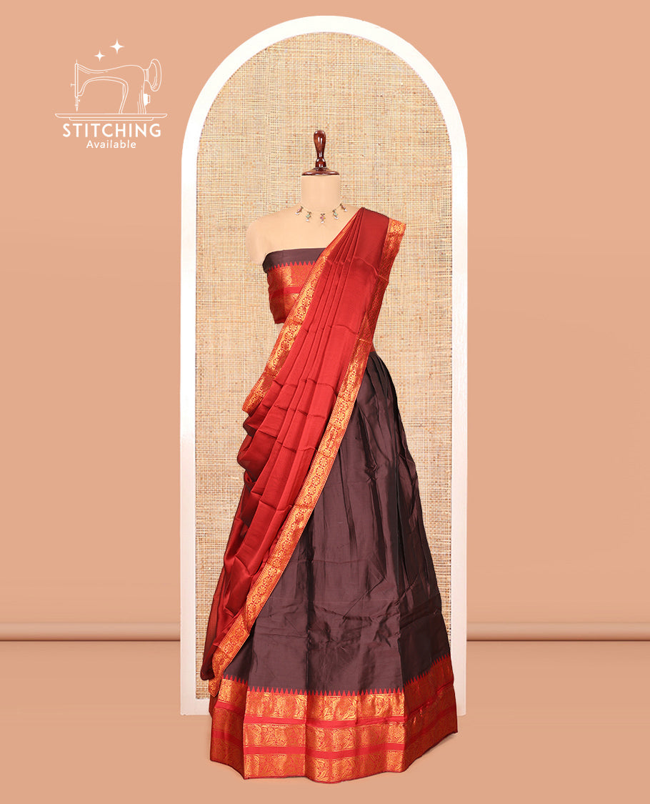 Brown Semi-Banarasi Half-Saree Features Plain Skirt, Contrast Floral Creeper Zari Border, Matching Blouse, Contrast Dhavani