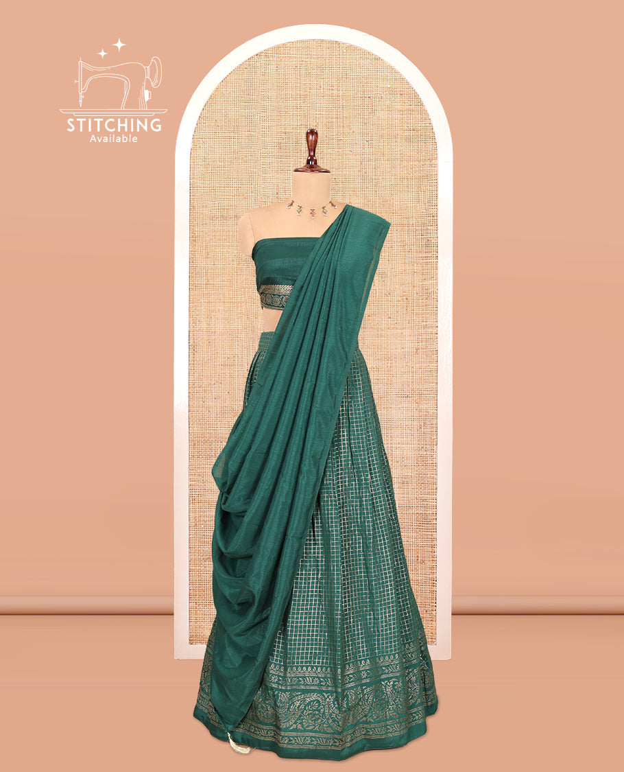 Green Vichitra Silk Half Saree with Zari Checks, a Traditional Zari Border, Matching Blouse and a Dhavani
