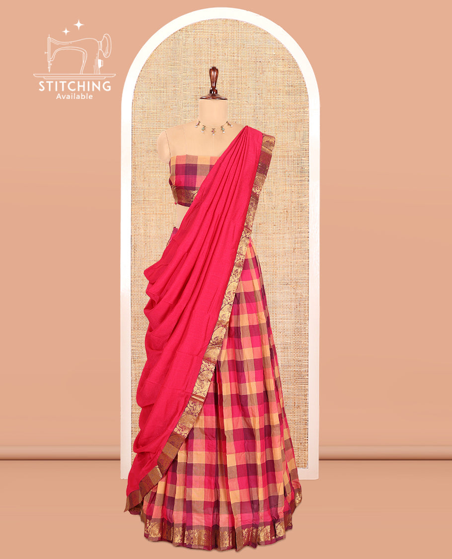 Multi-Color Checked Chettinad Cotton Half-Saree Adorned with a Zari Border, Matching Blouse, Contrast Dhavani