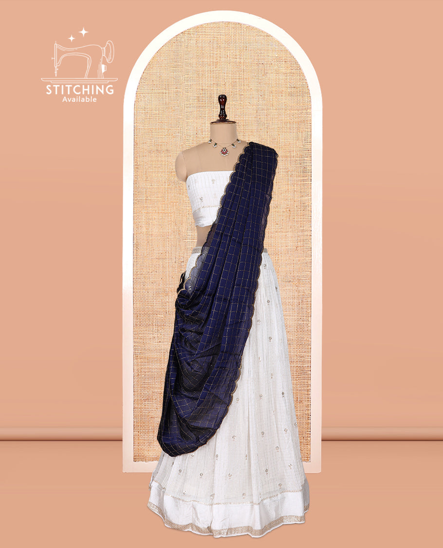 Cream-Blue Viscose Georgette Half-Saree, Buttas Skirt, Matching Blouse, Contrast Checked Dhavani