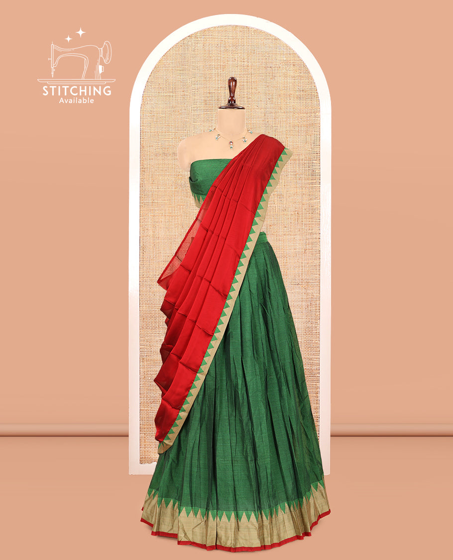 Leaf Green Mercerised Cotton Half-Saree, Plain Skirt, a Temple Border, a Matching Blouse, Contrast Dhavani