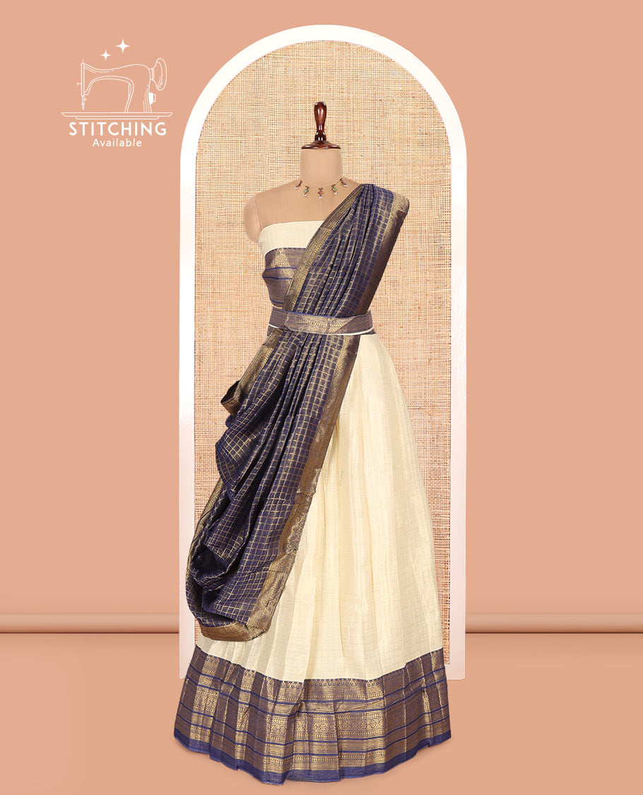 Cream-Navy Blue Semi-Silk Half-Saree
