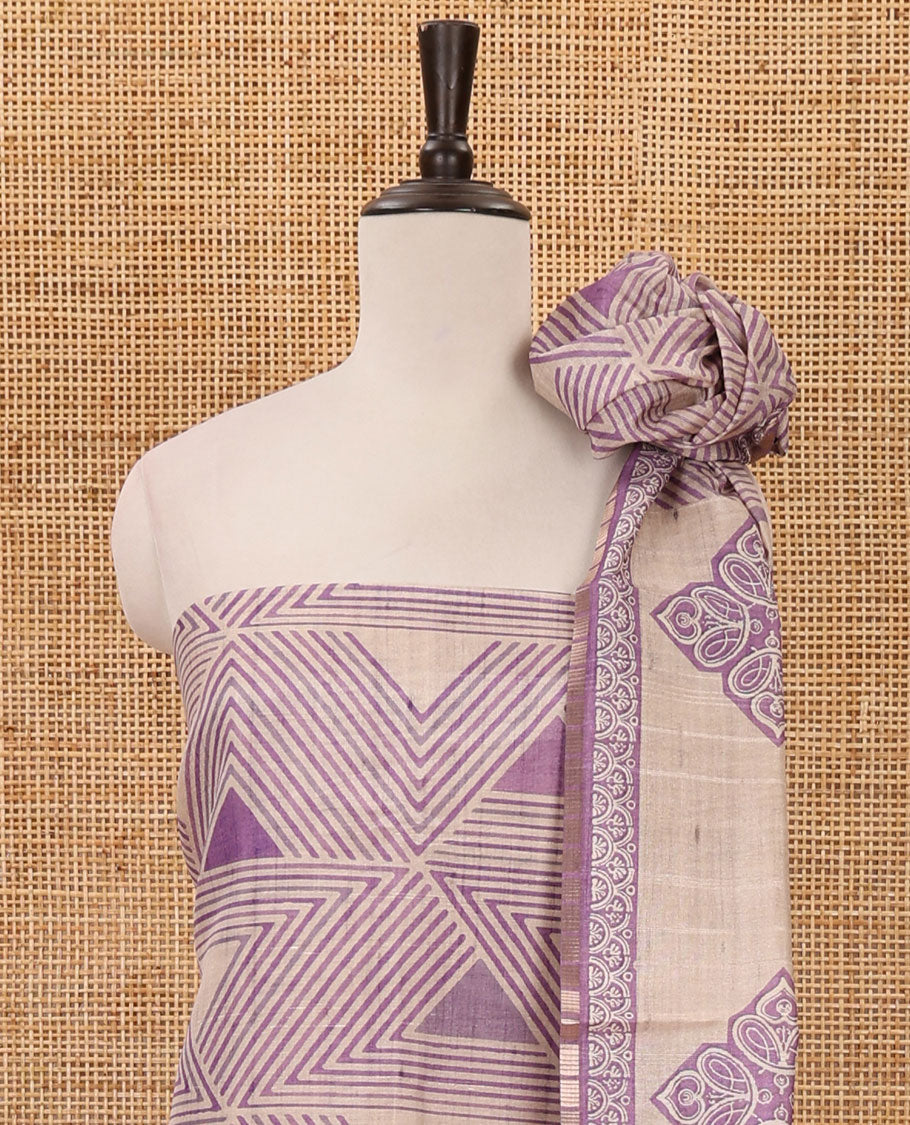 Purple semi-tussar material chudidar set, triangle printed top, heathered bottom & dupatta of triangle & four-petal floral print