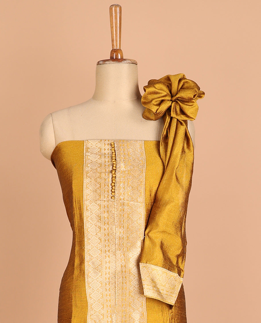 yellow chudidhar material vichitra silk neck zari border with bum bum work , santoon material pants & double side border vichitra silk dupatta