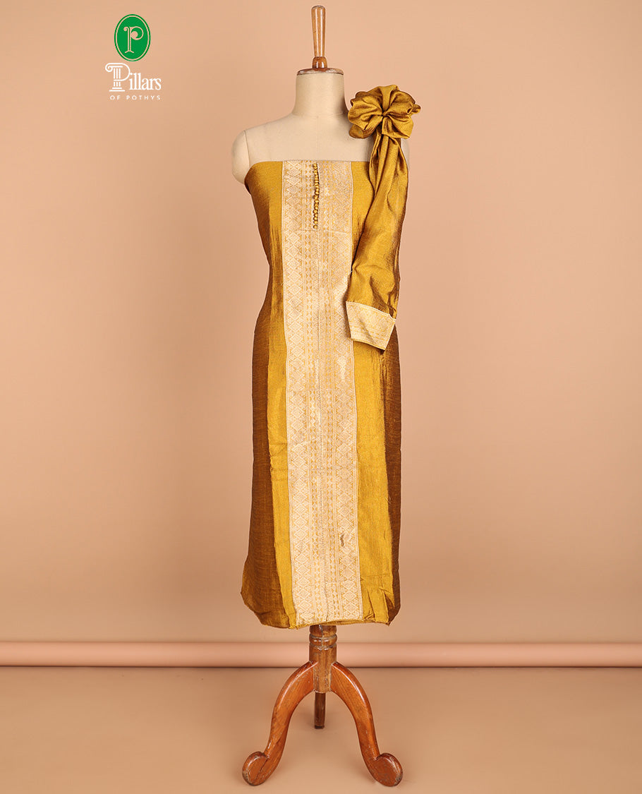yellow chudidhar material vichitra silk neck zari border with bum bum work , santoon material pants & double side border vichitra silk dupatta