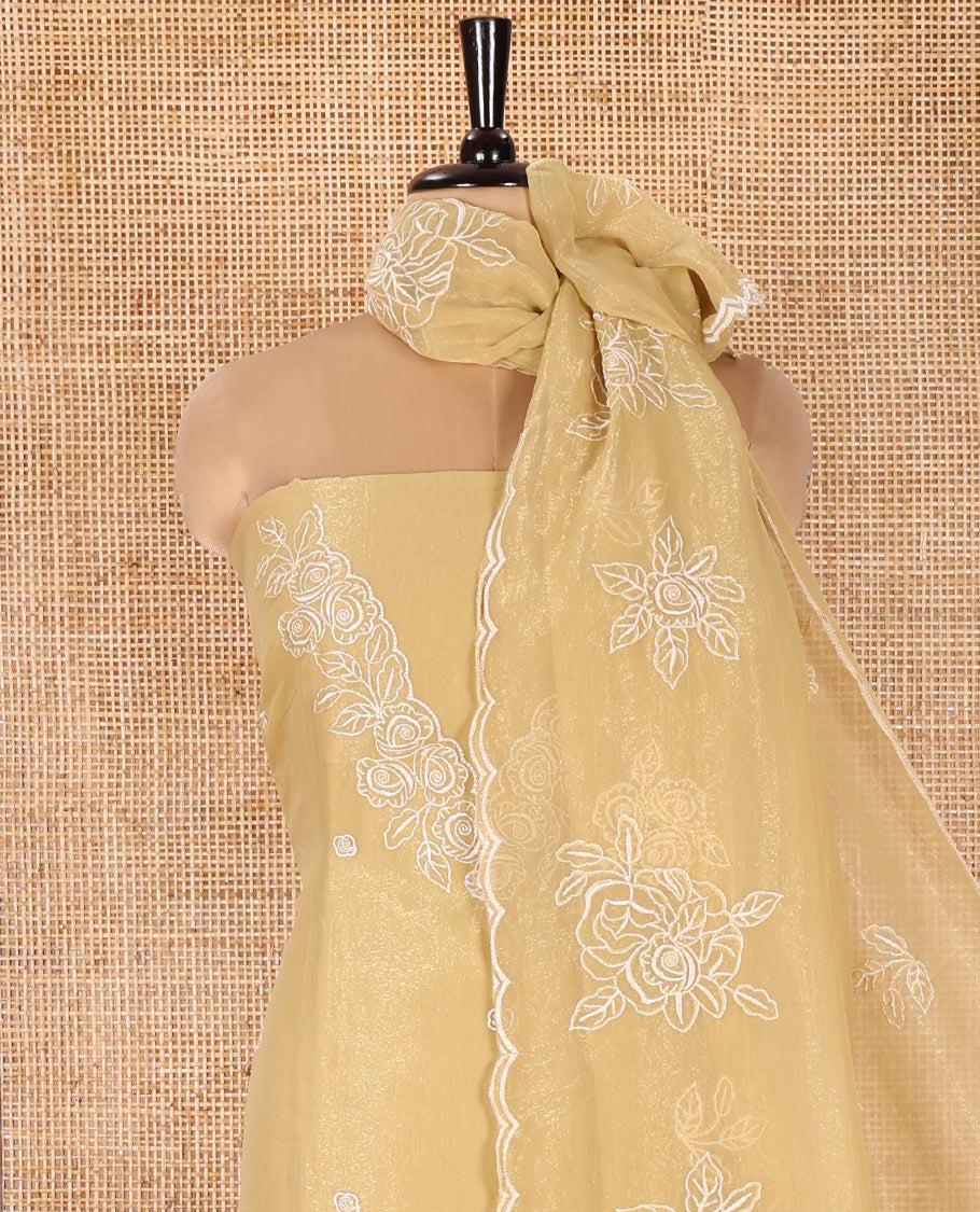 Gold Shimmer Georgette Material Chudidar Set, Gracefully Embellished with Floral Thread Embroidery on Its Top, a Plain Santoon Bottom, and Comes with a Floral Embroidered Shimmer Georgette Dupatta