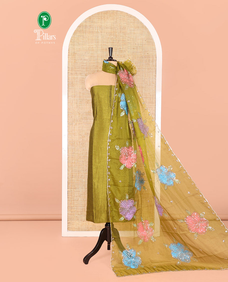 Green Vichitra Silk Material Chudidar Set, Delicately Woven with Pom-Pom Necklined Top, a Plain Santoon Bottom, and Paired Scallop Multi-Color Floral Embroidered Organza Dupatta
