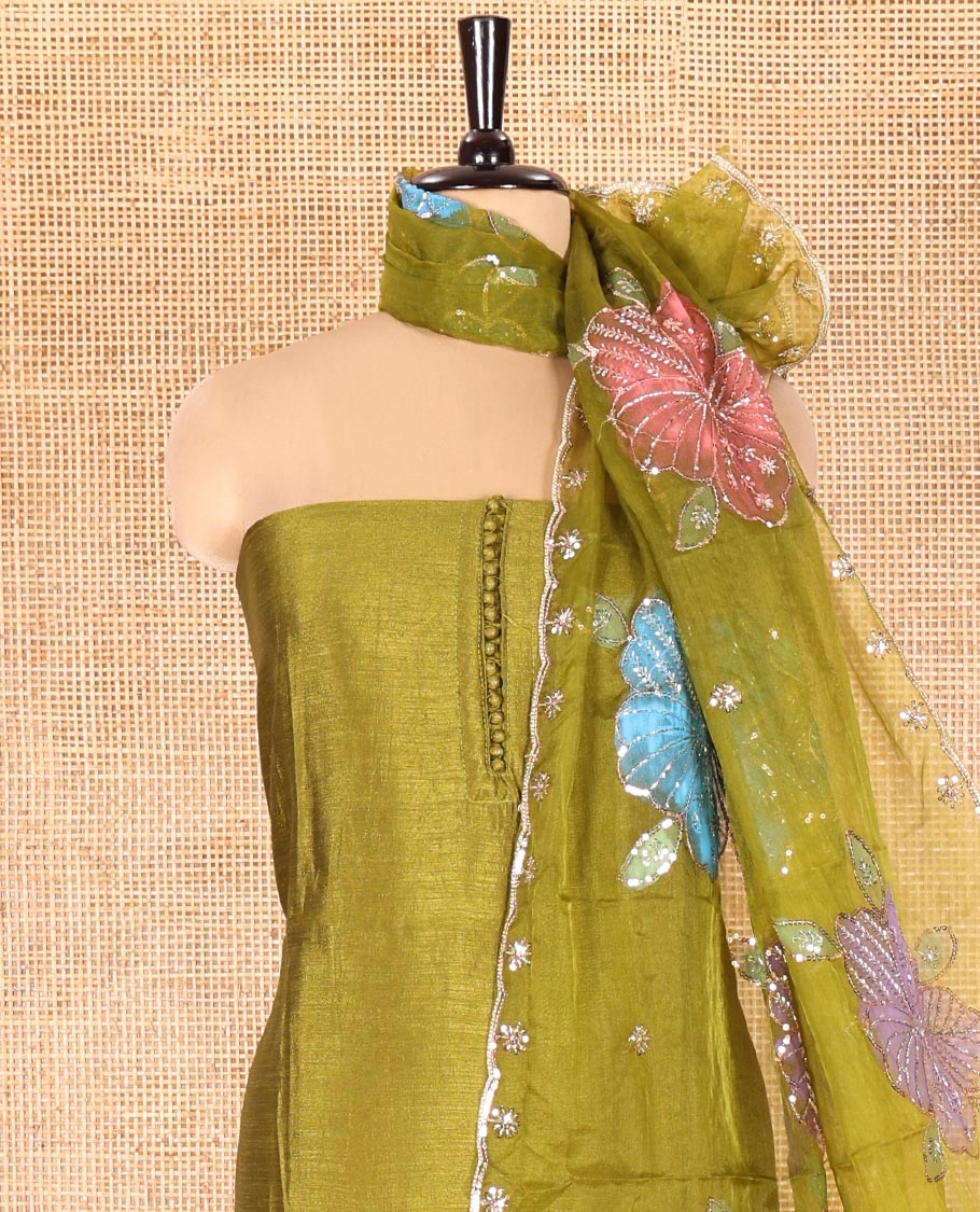 Green Vichitra Silk Material Chudidar Set, Delicately Woven with Pom-Pom Necklined Top, a Plain Santoon Bottom, and Paired Scallop Multi-Color Floral Embroidered Organza Dupatta