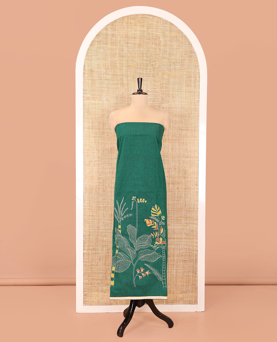 Green Handloom Cotton Material Chudidar Set, Elevated with Floral Design Print On Its Top, Complemented by Contrast Bottom, and Paired with a Contrast Floral Printed Dupatta