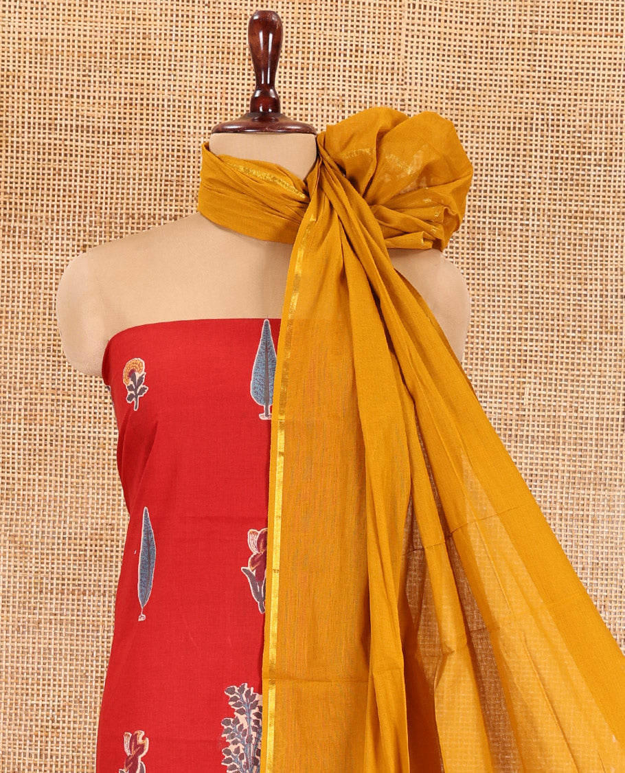 Rust Jaipur Cotton Material Chudidar Set, Unique Floral Block-Printed Top, Contrast Bottom, and Plain Dupatta
