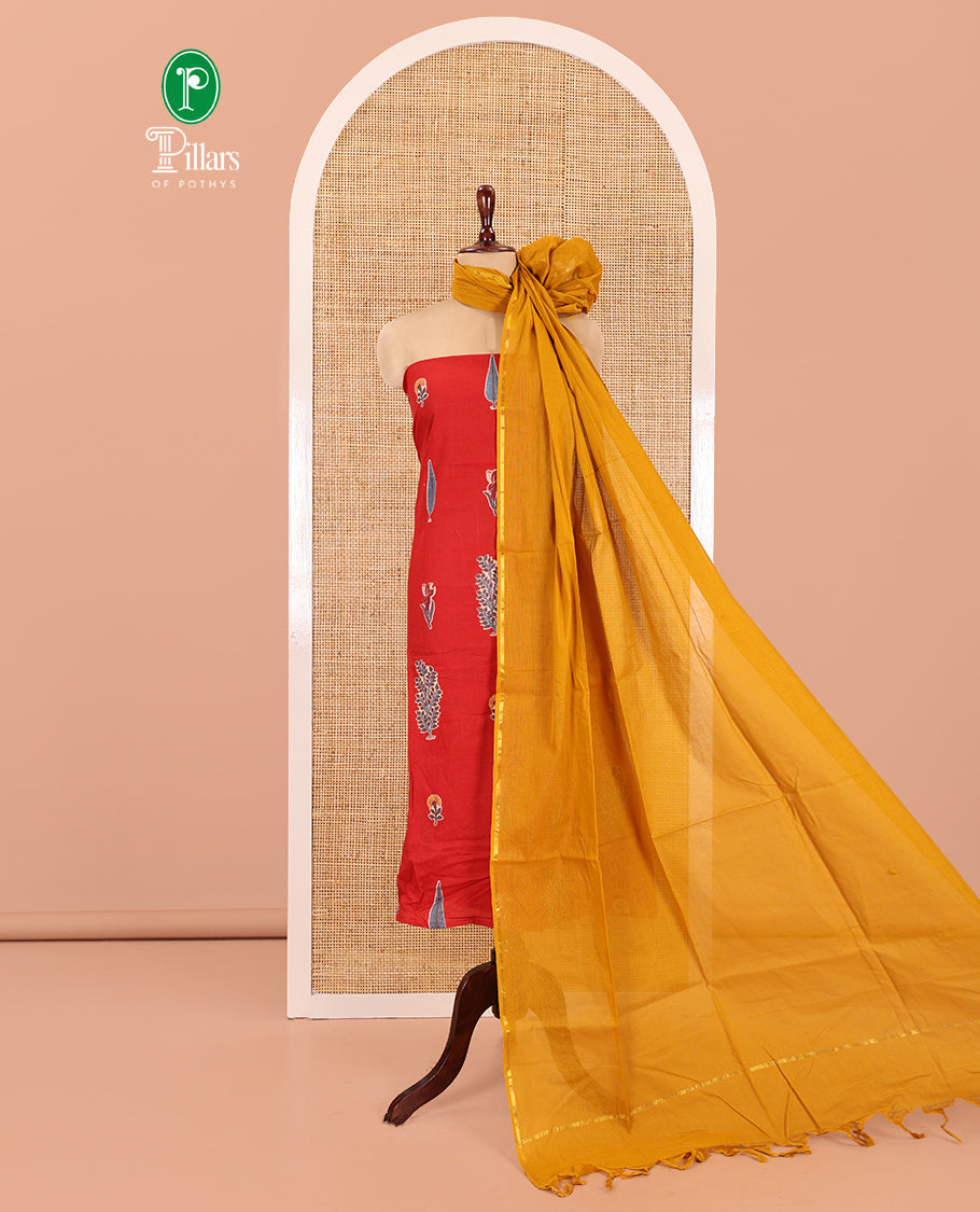 Rust Jaipur Cotton Material Chudidar Set, Unique Floral Block-Printed Top, Contrast Bottom, and Plain Dupatta