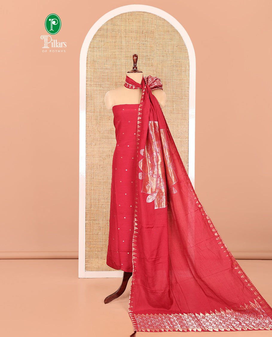 Red Semi-Silk Material Churidar Features Zari Buttas Skirt, a Plain Bottom, and a Floral Motif Zari Woven Dupatta