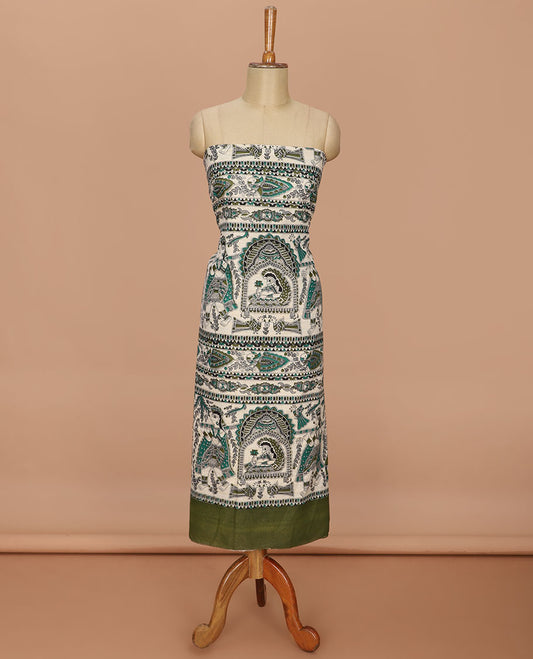 Mehendi green madhubani print design bhagalapur cotton chudidhar material top with cotton material daman madhubani ptint pants & madhubani printed dupatta