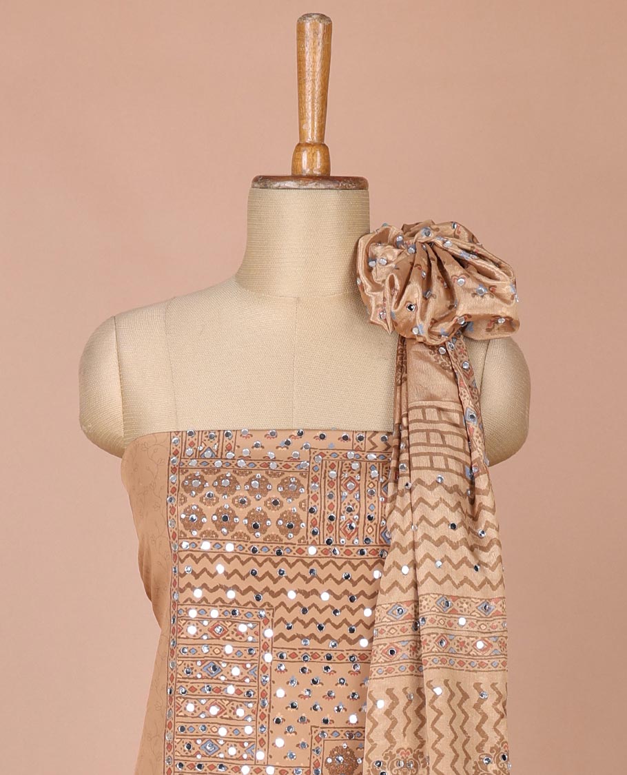 Fawn self print , mirror work crepe chudidhar material top with americam crepe pants & self print, mirror work, lace border dupatta