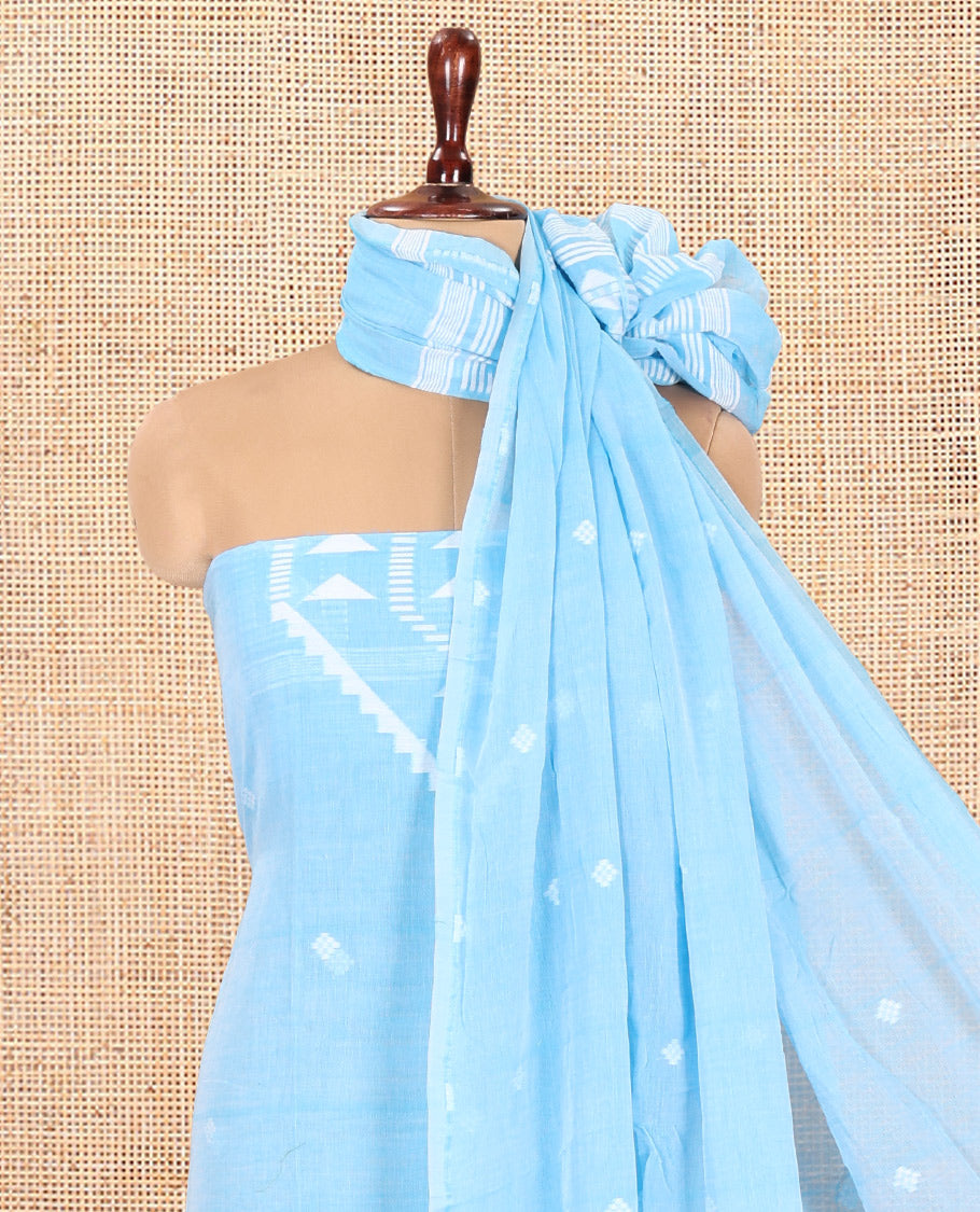 Blue Mul Cotton Material Chudidar Features Jamdani-Style Top, Striped Bottom, a Jamdani Dupatta