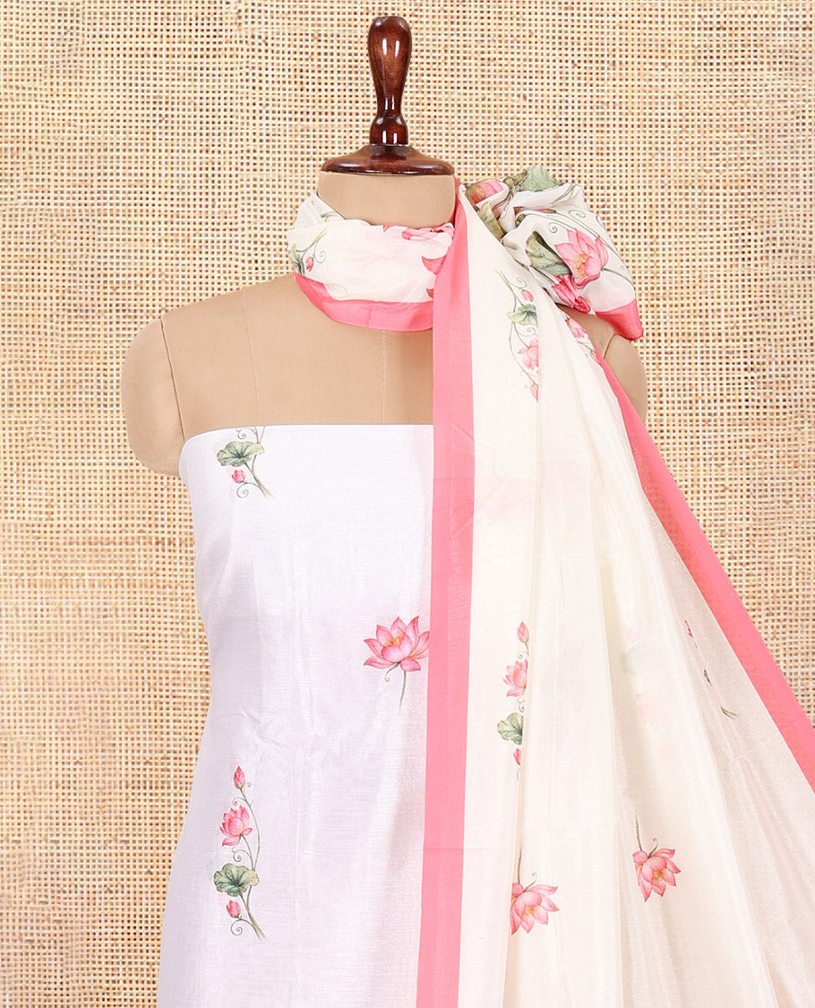 Cream-Pink Semi-Silk Material Chudidar, Lotus Printed Top, Matching Bottom, Lotus Printed Dupatta