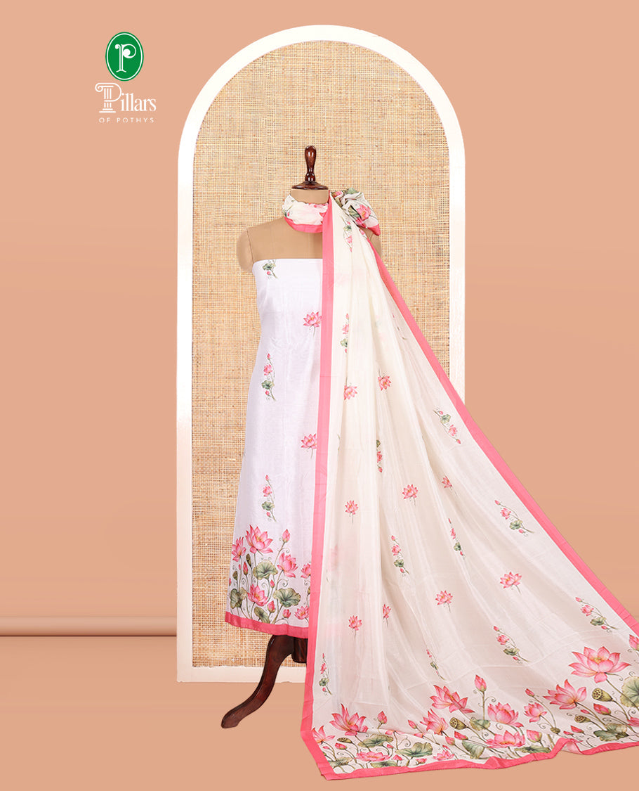 Cream-Pink Semi-Silk Material Chudidar, Lotus Printed Top, Matching Bottom, Lotus Printed Dupatta