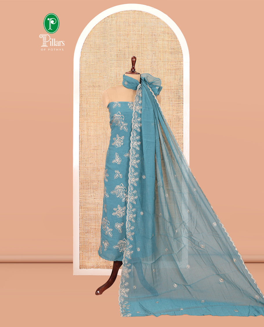 Sea Blue Mul Crush Chanderi Material Chudiddar, Floral Embroidered Top, Plain Bottom, Embroidered Dupatta