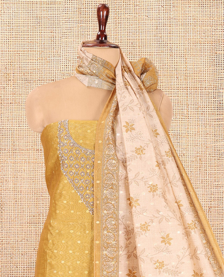 Mustard Chanderi Tissue Material Chudiddar, Buttas Neckwork Top, Plain Bottom, Contrast Floral Dupatta