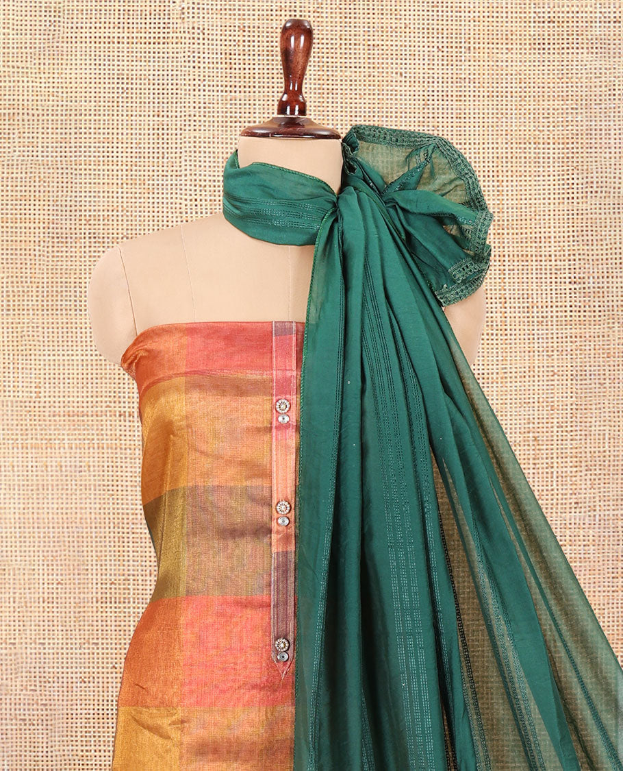 Multi-Color Shimmer Tissue Material Churidar, Adorned with Madras Checked Neckwork Top, a Contrast Bottom, and a Sequins Striped Dupatta