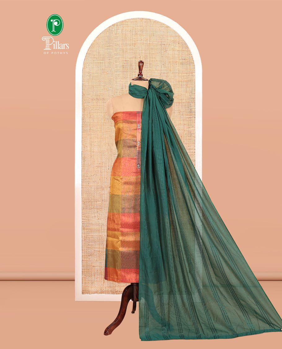 Multi-Color Shimmer Tissue Material Churidar, Adorned with Madras Checked Neckwork Top, a Contrast Bottom, and a Sequins Striped Dupatta
