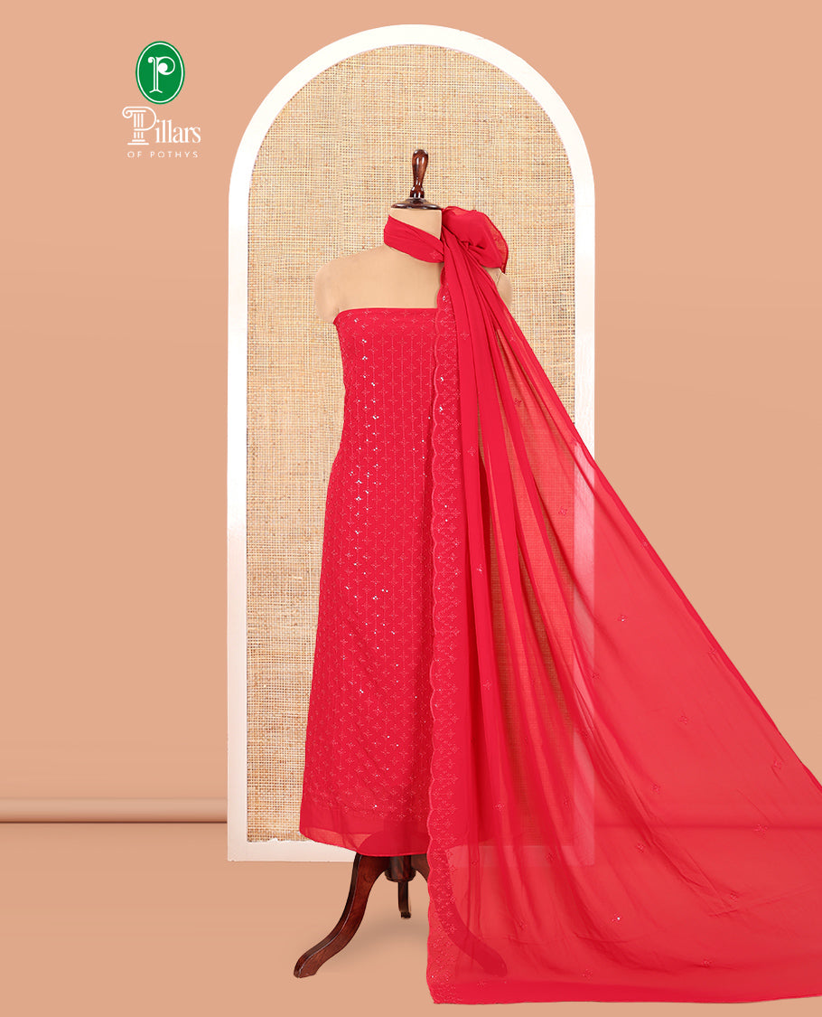 Rani Pink Georgette Material Churidar, Woven with Sequins Embroidered Top, a Matching Bottom, and Embroidered Dupatta