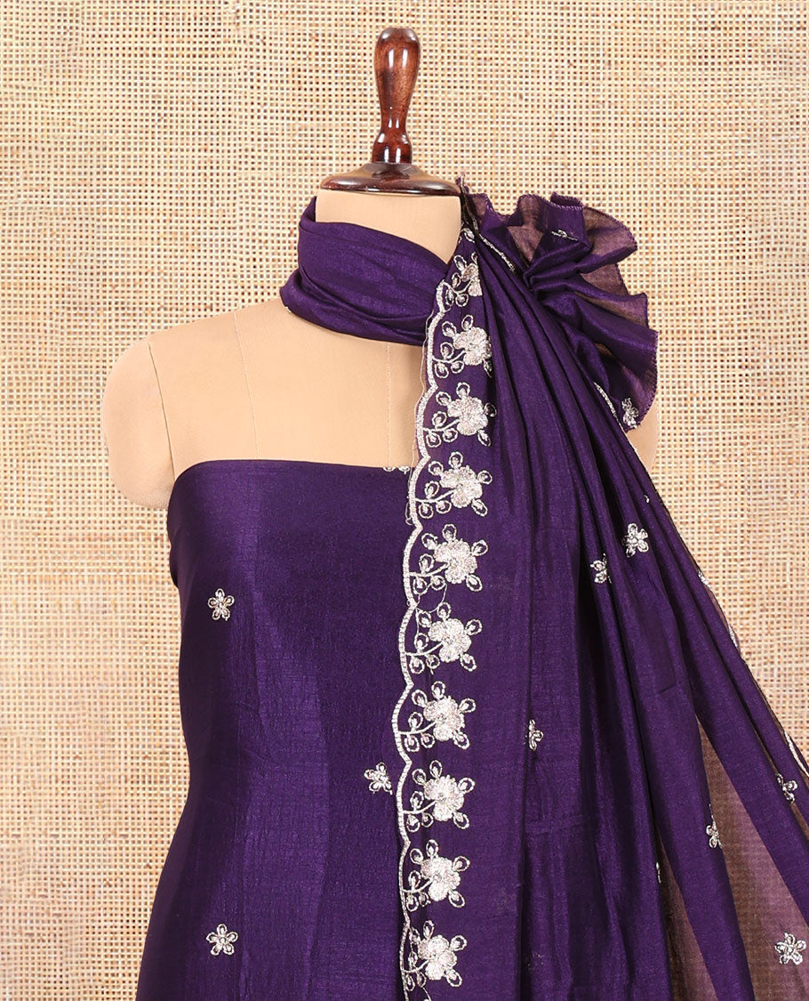 Violet Semi-Silk Material Churidar Features a Floral Embroidered Top, a Matching Bottom, Embroidered Dupatta