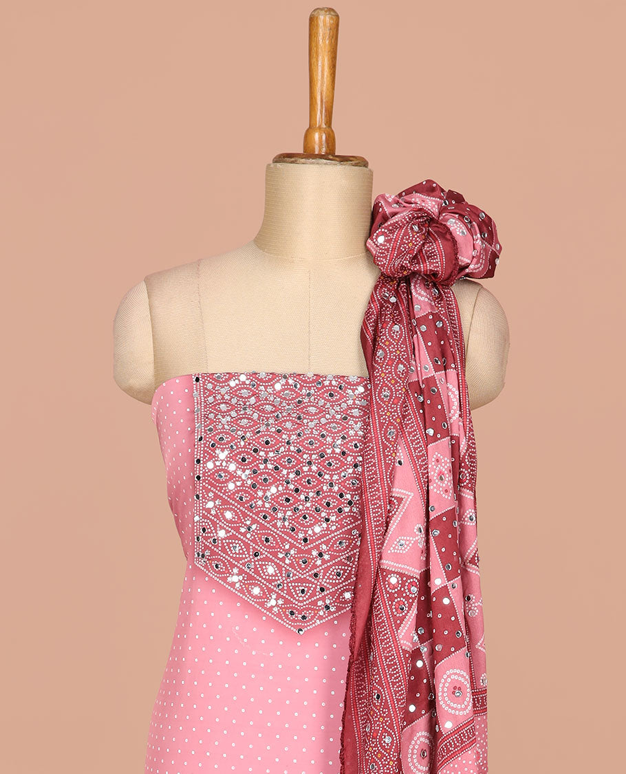 Dark pink bhandani print, stone,mirror work crepe chudidhar material top with american crepe pant & chinnon material bhandani print, mirror work dupatta
