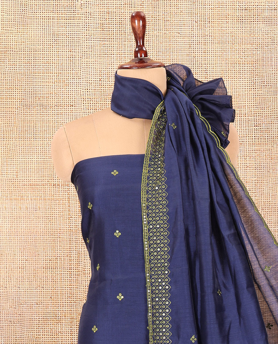 Navy Blue Semi-Silk Material Churidar Thread-Sequins Embroidered Top, a Plain Bottom, a Embroidered Dupatta