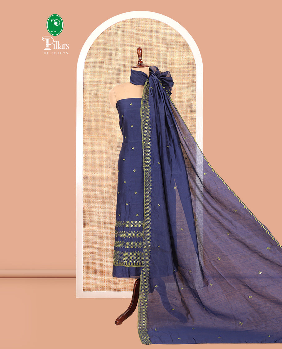 Navy Blue Semi-Silk Material Churidar Thread-Sequins Embroidered Top, a Plain Bottom, a Embroidered Dupatta