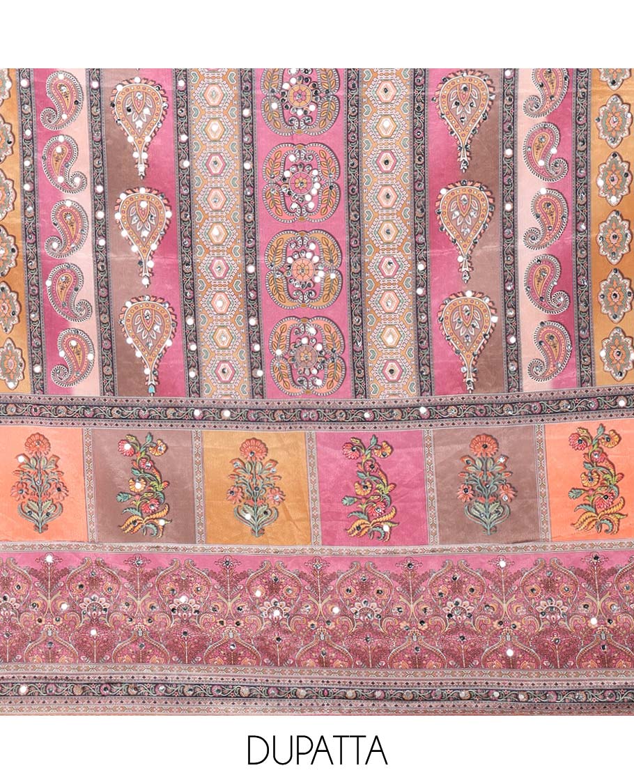 Onion pink lucknowi design, mango design embroidery georgette chudidhar material top with american crepe pant & chinnon material digital print, mirror work,lace border dupatta